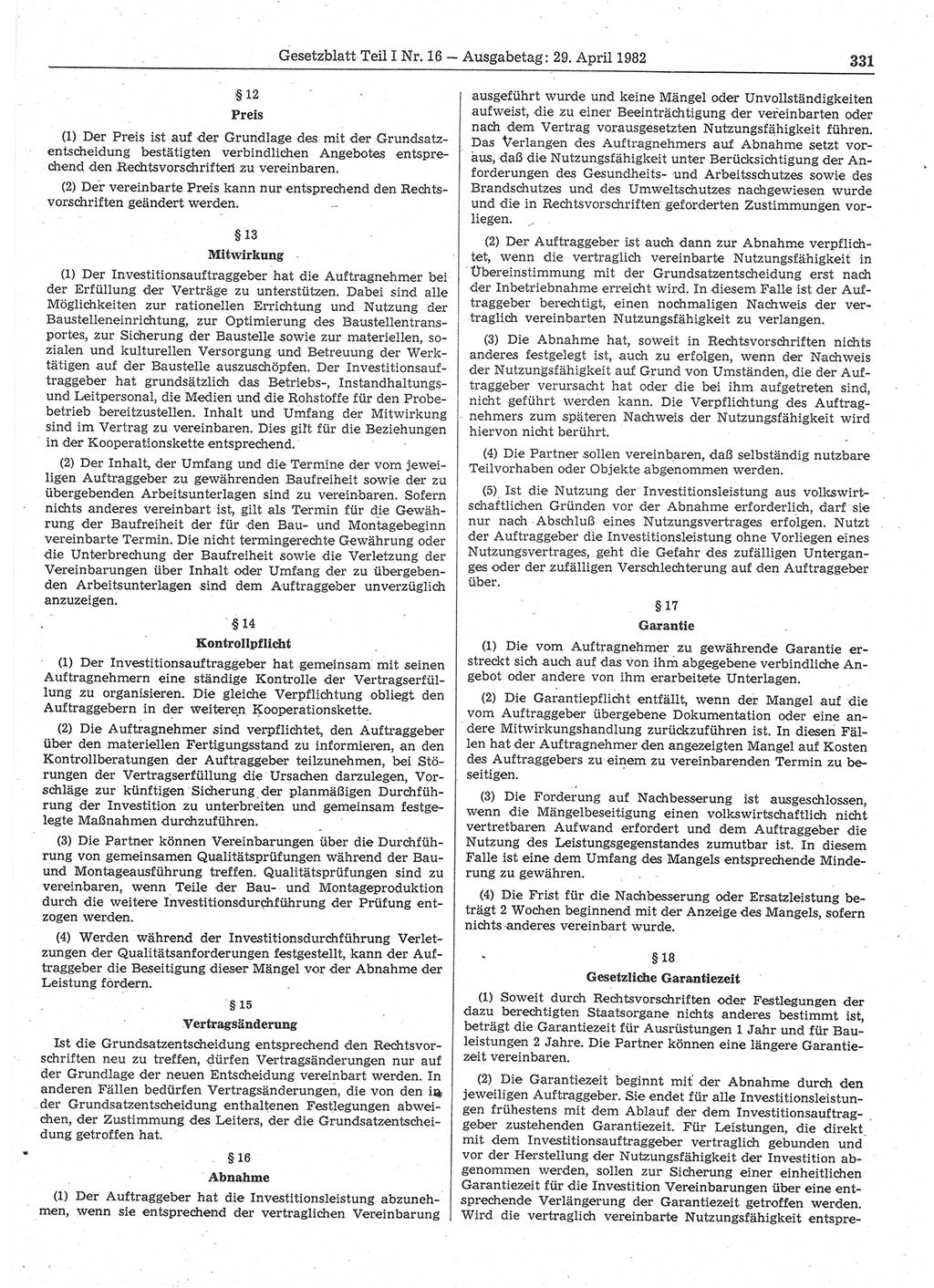 Gesetzblatt (GBl.) der Deutschen Demokratischen Republik (DDR) Teil Ⅰ 1982, Seite 331 (GBl. DDR Ⅰ 1982, S. 331)