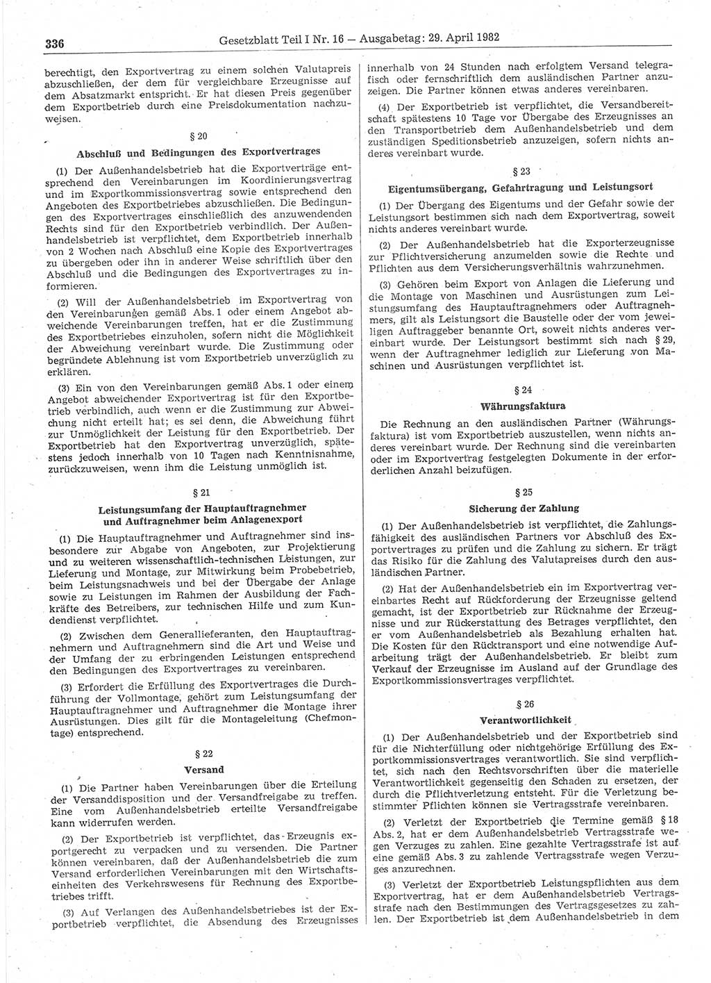 Gesetzblatt (GBl.) der Deutschen Demokratischen Republik (DDR) Teil Ⅰ 1982, Seite 336 (GBl. DDR Ⅰ 1982, S. 336)