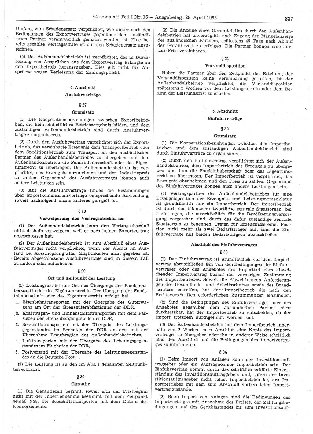 Gesetzblatt (GBl.) der Deutschen Demokratischen Republik (DDR) Teil Ⅰ 1982, Seite 337 (GBl. DDR Ⅰ 1982, S. 337)