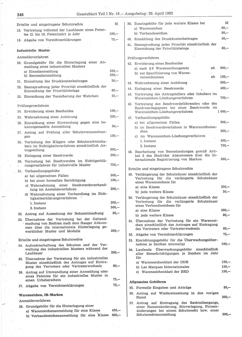 Gesetzblatt (GBl.) der Deutschen Demokratischen Republik (DDR) Teil Ⅰ 1982, Seite 346 (GBl. DDR Ⅰ 1982, S. 346)