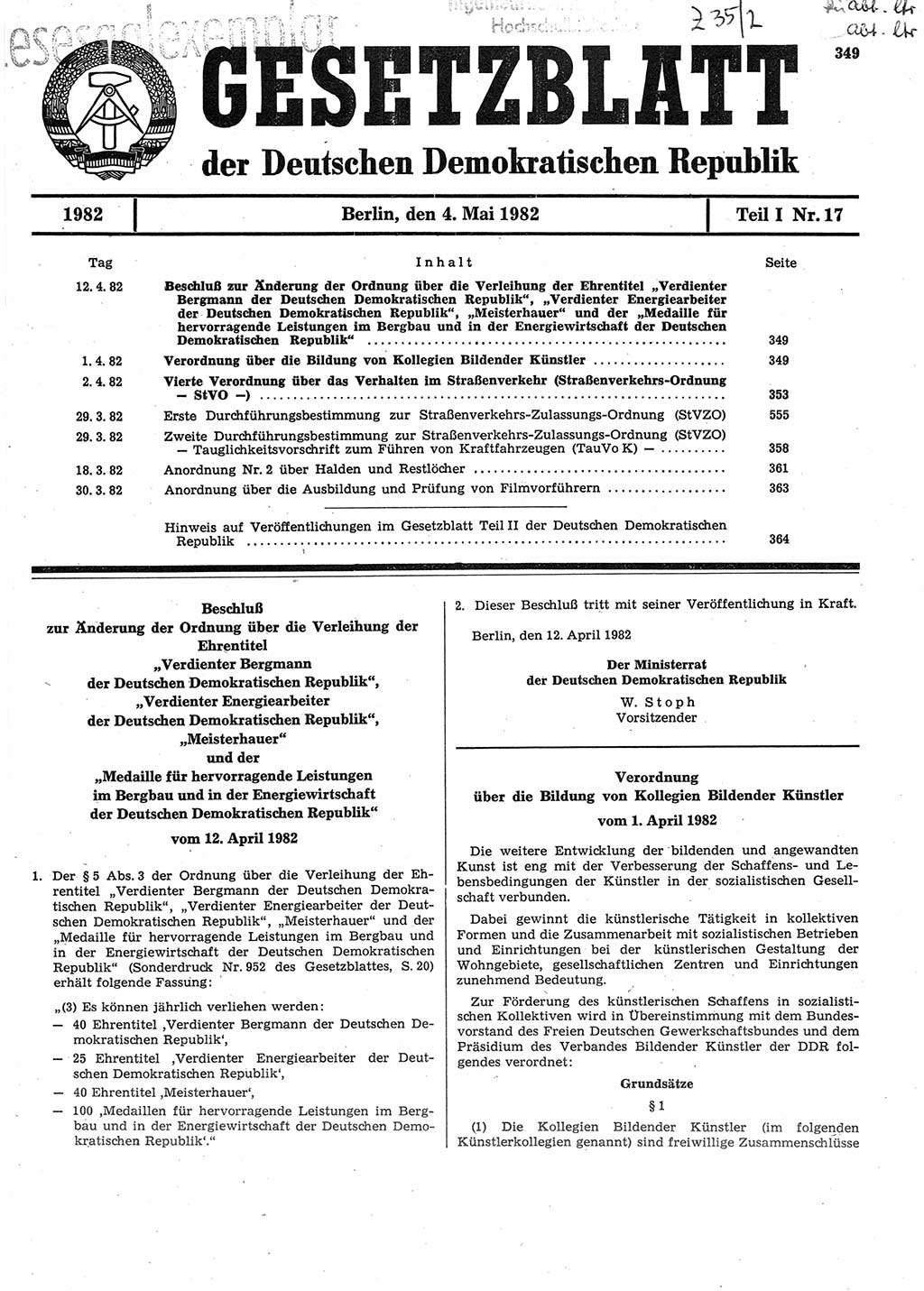 Gesetzblatt (GBl.) der Deutschen Demokratischen Republik (DDR) Teil Ⅰ 1982, Seite 349 (GBl. DDR Ⅰ 1982, S. 349)