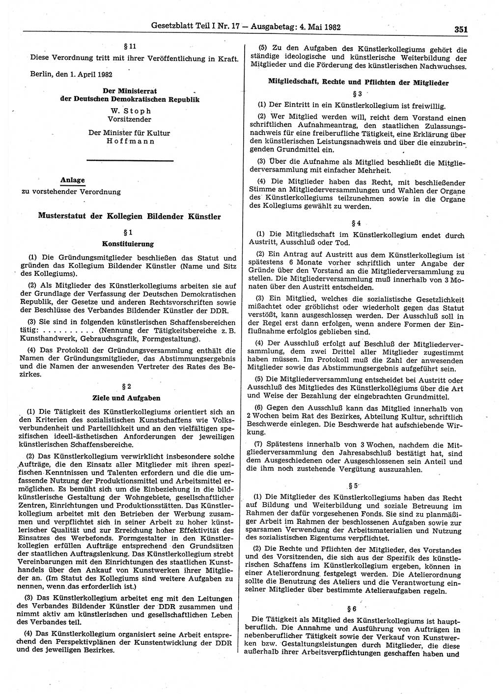 Gesetzblatt (GBl.) der Deutschen Demokratischen Republik (DDR) Teil Ⅰ 1982, Seite 351 (GBl. DDR Ⅰ 1982, S. 351)
