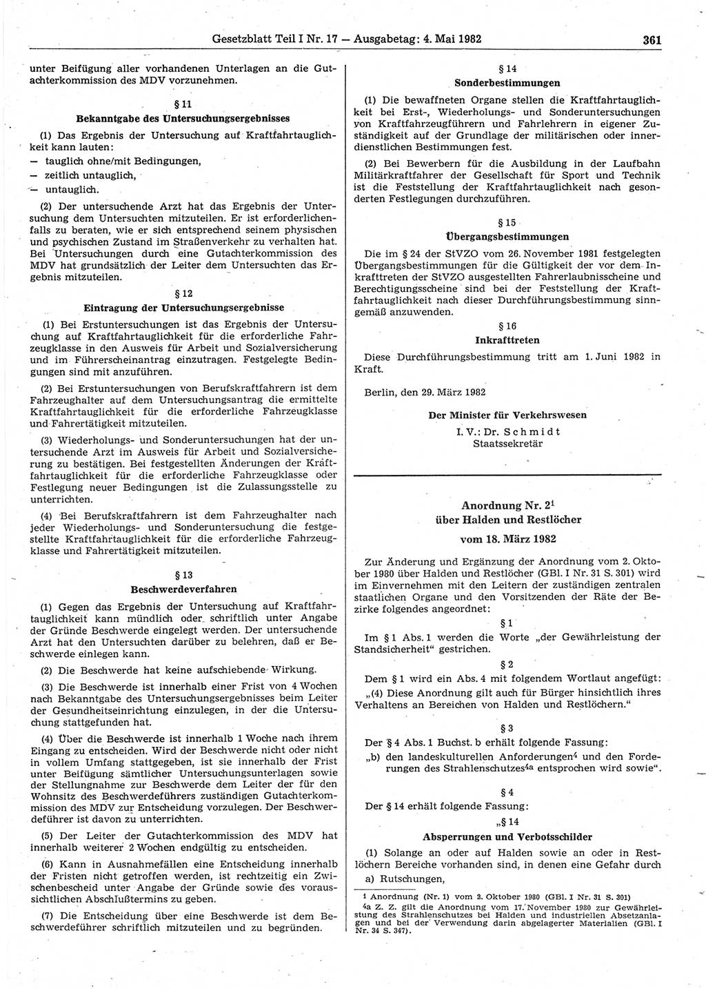 Gesetzblatt (GBl.) der Deutschen Demokratischen Republik (DDR) Teil Ⅰ 1982, Seite 361 (GBl. DDR Ⅰ 1982, S. 361)