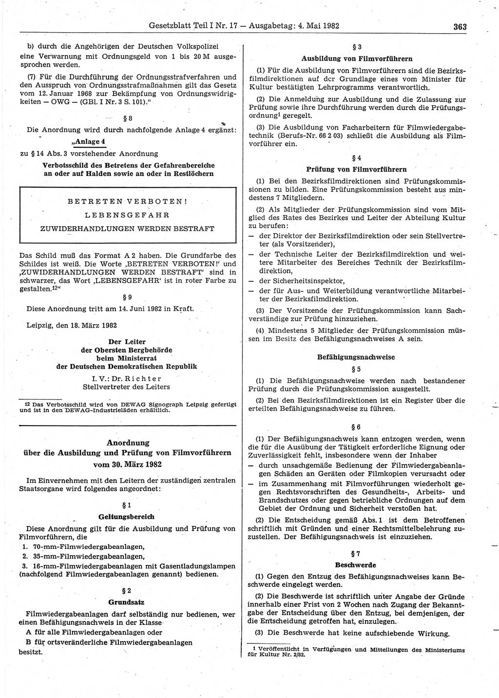 Gesetzblatt (GBl.) der Deutschen Demokratischen Republik (DDR) Teil Ⅰ 1982, Seite 363 (GBl. DDR Ⅰ 1982, S. 363)