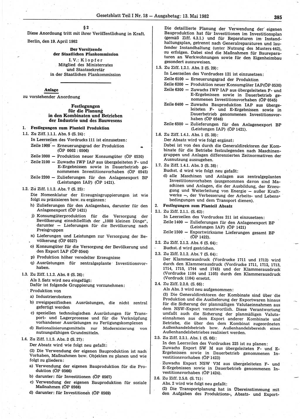 Gesetzblatt (GBl.) der Deutschen Demokratischen Republik (DDR) Teil Ⅰ 1982, Seite 385 (GBl. DDR Ⅰ 1982, S. 385)