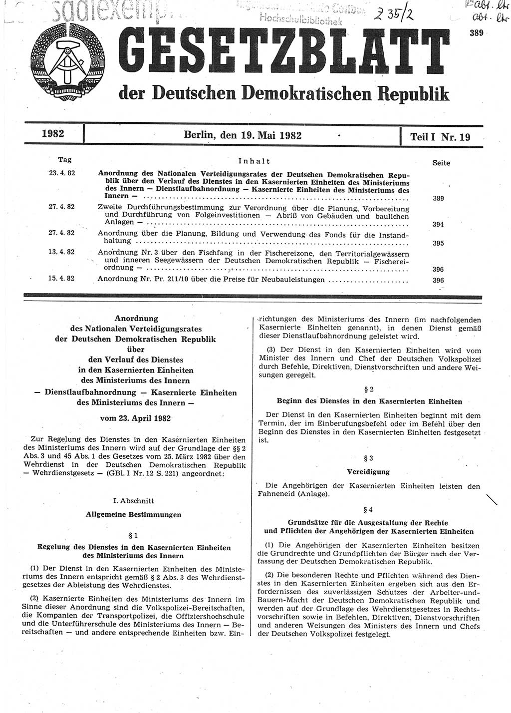 Gesetzblatt (GBl.) der Deutschen Demokratischen Republik (DDR) Teil Ⅰ 1982, Seite 389 (GBl. DDR Ⅰ 1982, S. 389)