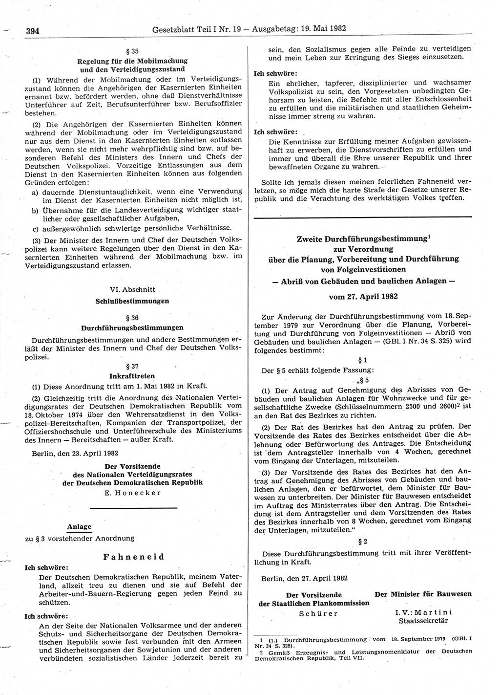 Gesetzblatt (GBl.) der Deutschen Demokratischen Republik (DDR) Teil Ⅰ 1982, Seite 394 (GBl. DDR Ⅰ 1982, S. 394)