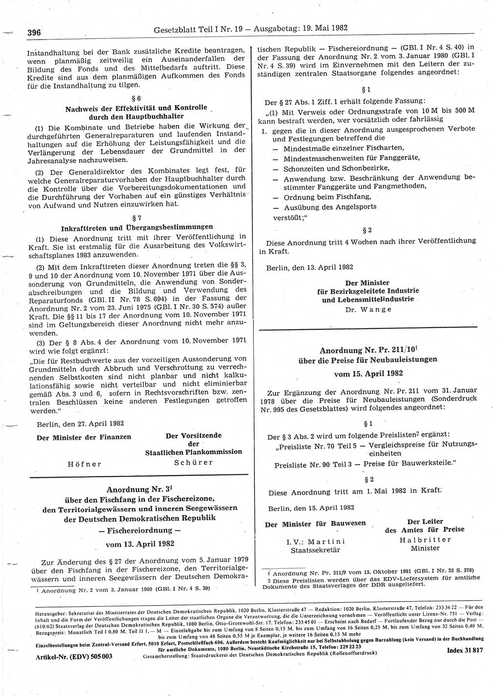 Gesetzblatt (GBl.) der Deutschen Demokratischen Republik (DDR) Teil Ⅰ 1982, Seite 396 (GBl. DDR Ⅰ 1982, S. 396)