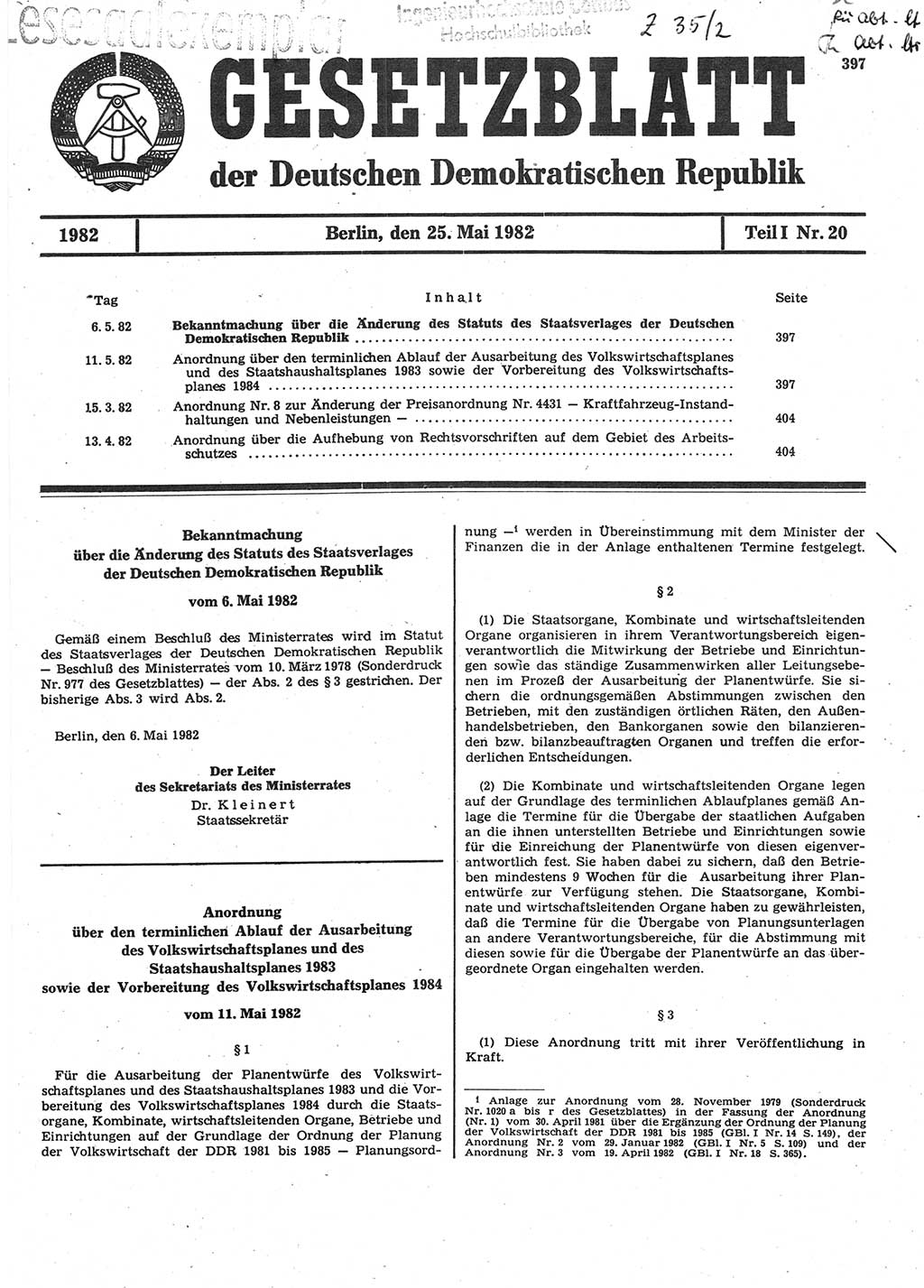 Gesetzblatt (GBl.) der Deutschen Demokratischen Republik (DDR) Teil Ⅰ 1982, Seite 397 (GBl. DDR Ⅰ 1982, S. 397)
