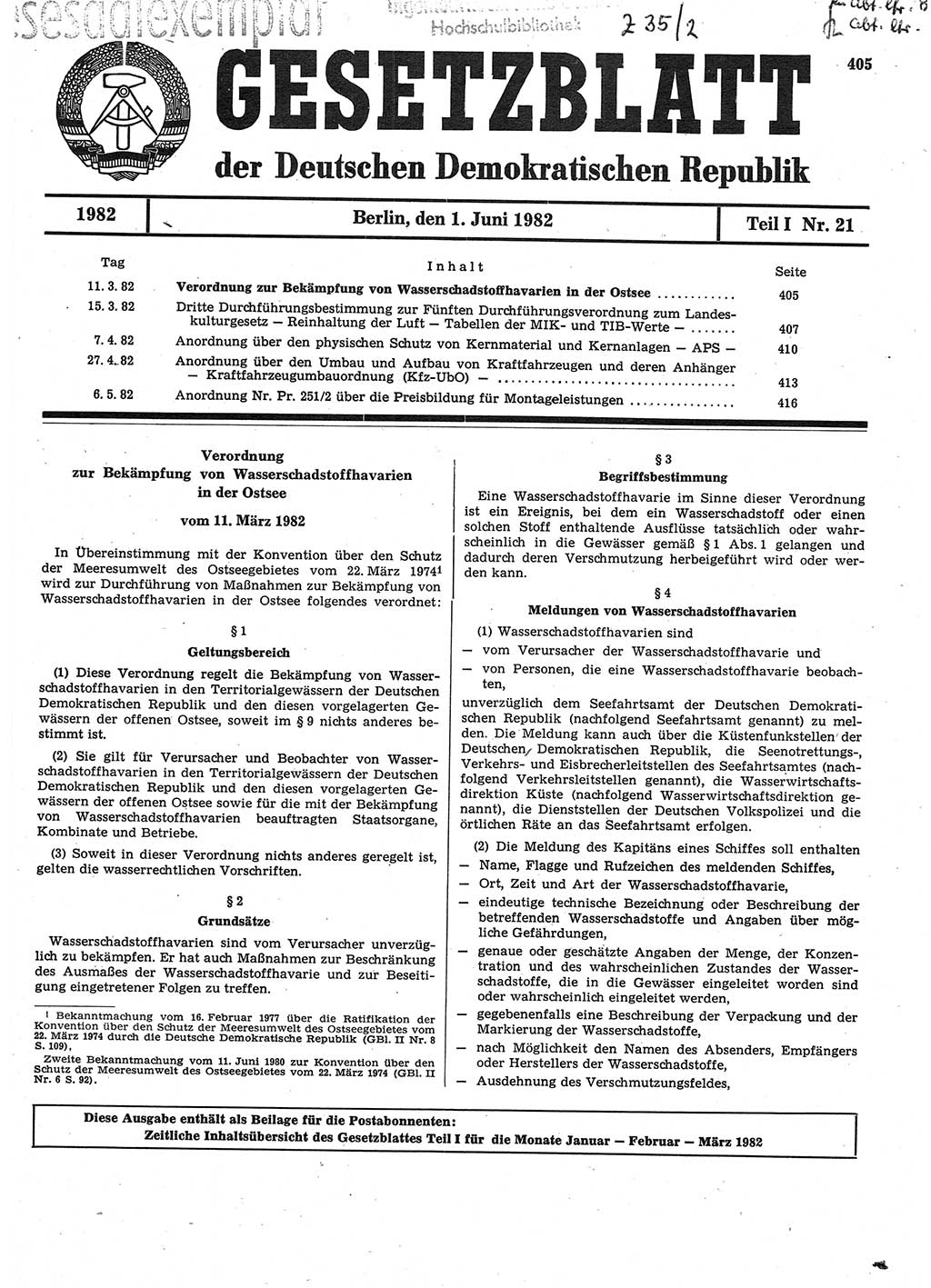 Gesetzblatt (GBl.) der Deutschen Demokratischen Republik (DDR) Teil Ⅰ 1982, Seite 405 (GBl. DDR Ⅰ 1982, S. 405)