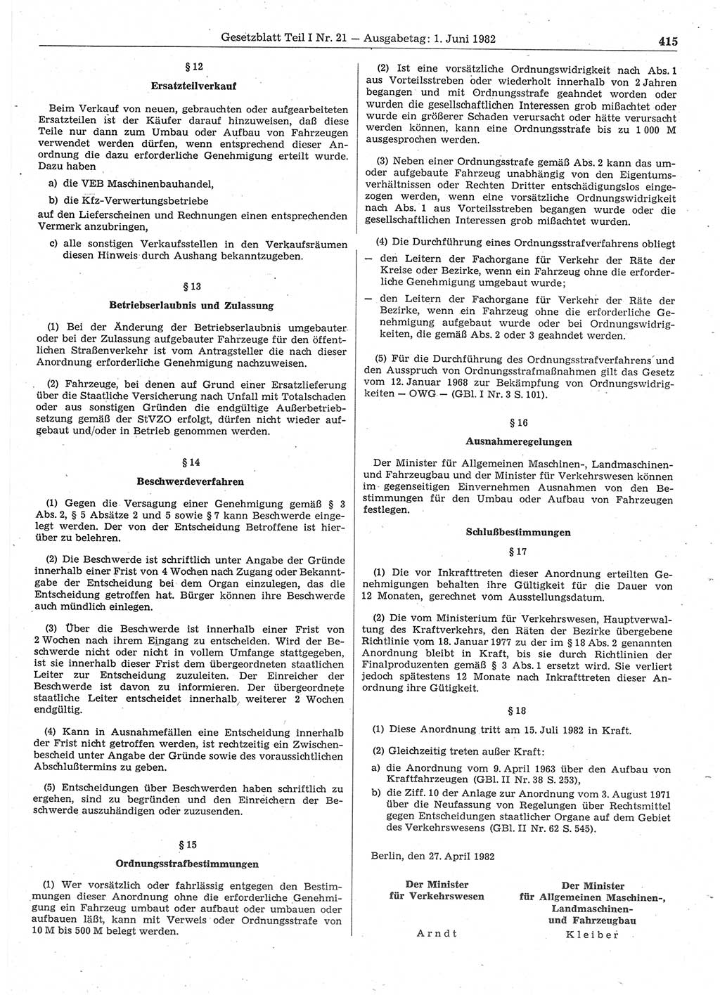 Gesetzblatt (GBl.) der Deutschen Demokratischen Republik (DDR) Teil Ⅰ 1982, Seite 415 (GBl. DDR Ⅰ 1982, S. 415)