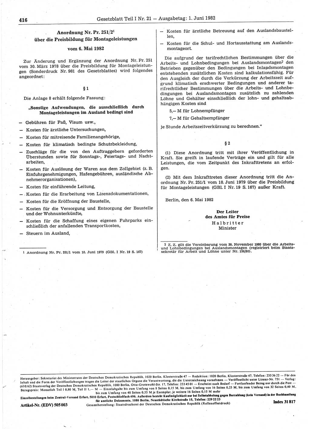 Gesetzblatt (GBl.) der Deutschen Demokratischen Republik (DDR) Teil Ⅰ 1982, Seite 416 (GBl. DDR Ⅰ 1982, S. 416)