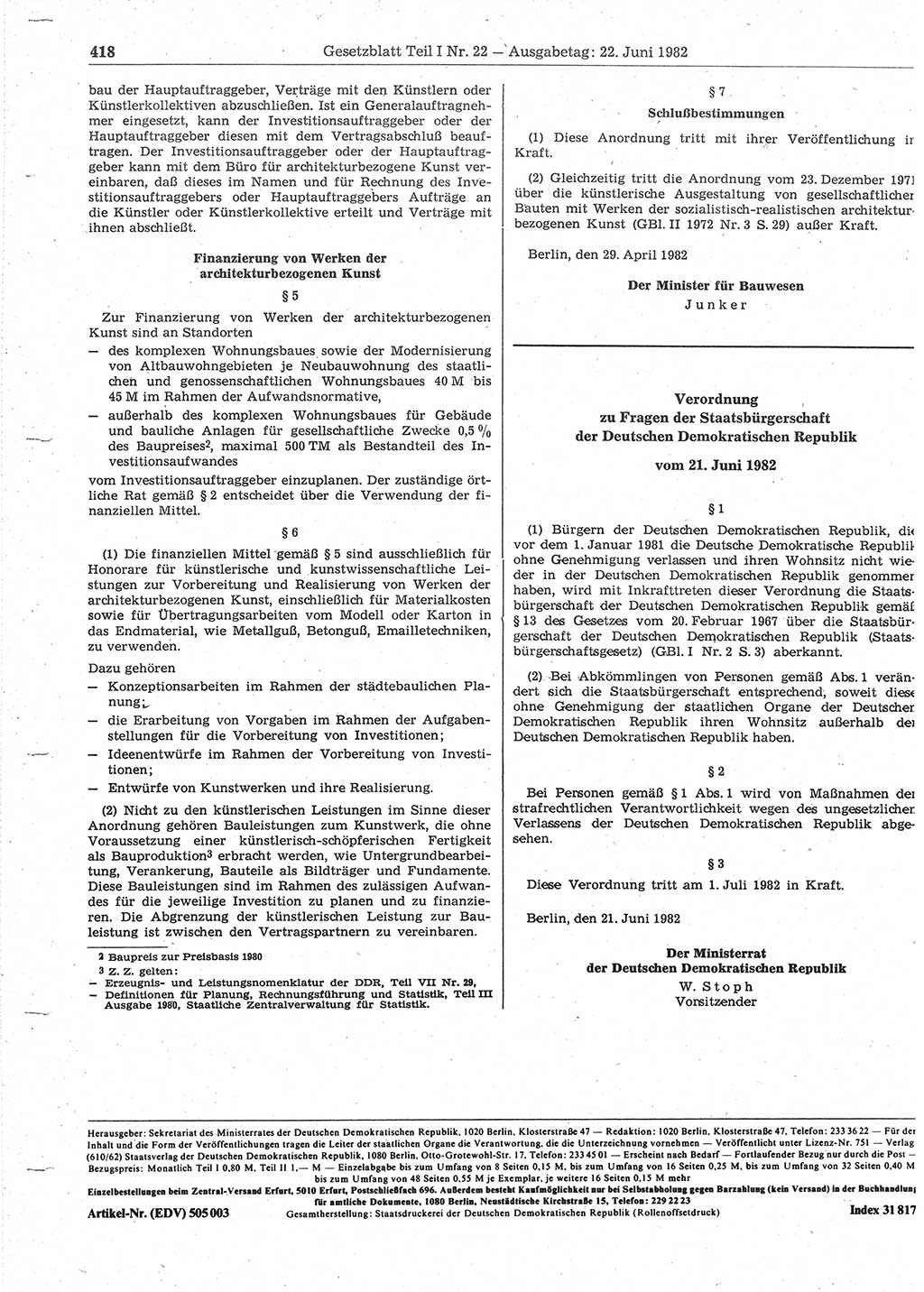 Gesetzblatt (GBl.) der Deutschen Demokratischen Republik (DDR) Teil Ⅰ 1982, Seite 418 (GBl. DDR Ⅰ 1982, S. 418)