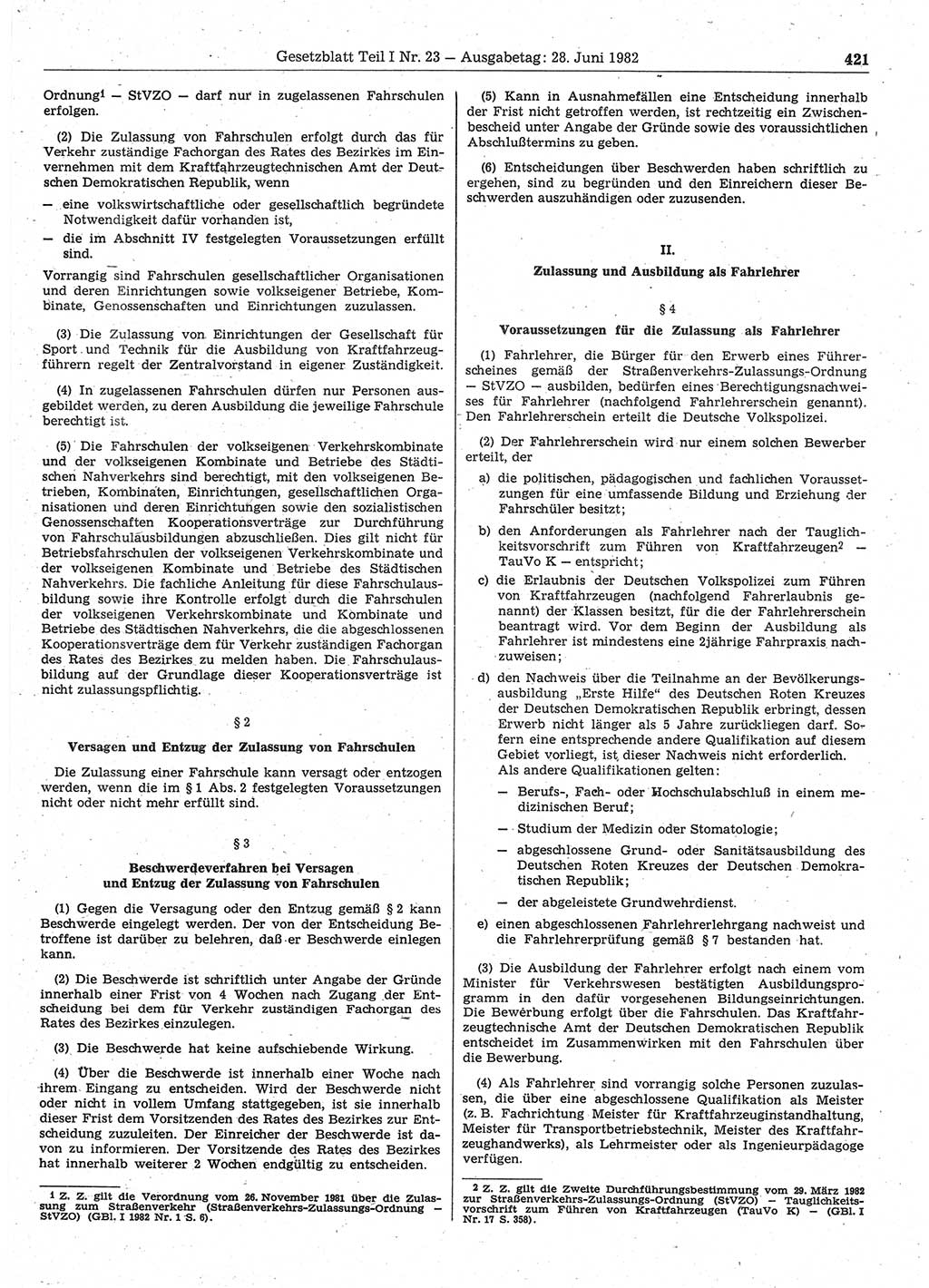 Gesetzblatt (GBl.) der Deutschen Demokratischen Republik (DDR) Teil Ⅰ 1982, Seite 421 (GBl. DDR Ⅰ 1982, S. 421)