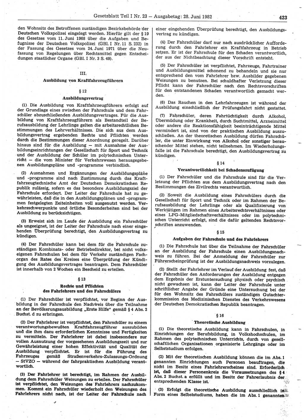 Gesetzblatt (GBl.) der Deutschen Demokratischen Republik (DDR) Teil Ⅰ 1982, Seite 423 (GBl. DDR Ⅰ 1982, S. 423)