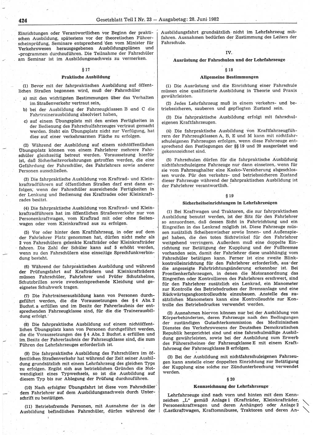 Gesetzblatt (GBl.) der Deutschen Demokratischen Republik (DDR) Teil Ⅰ 1982, Seite 424 (GBl. DDR Ⅰ 1982, S. 424)