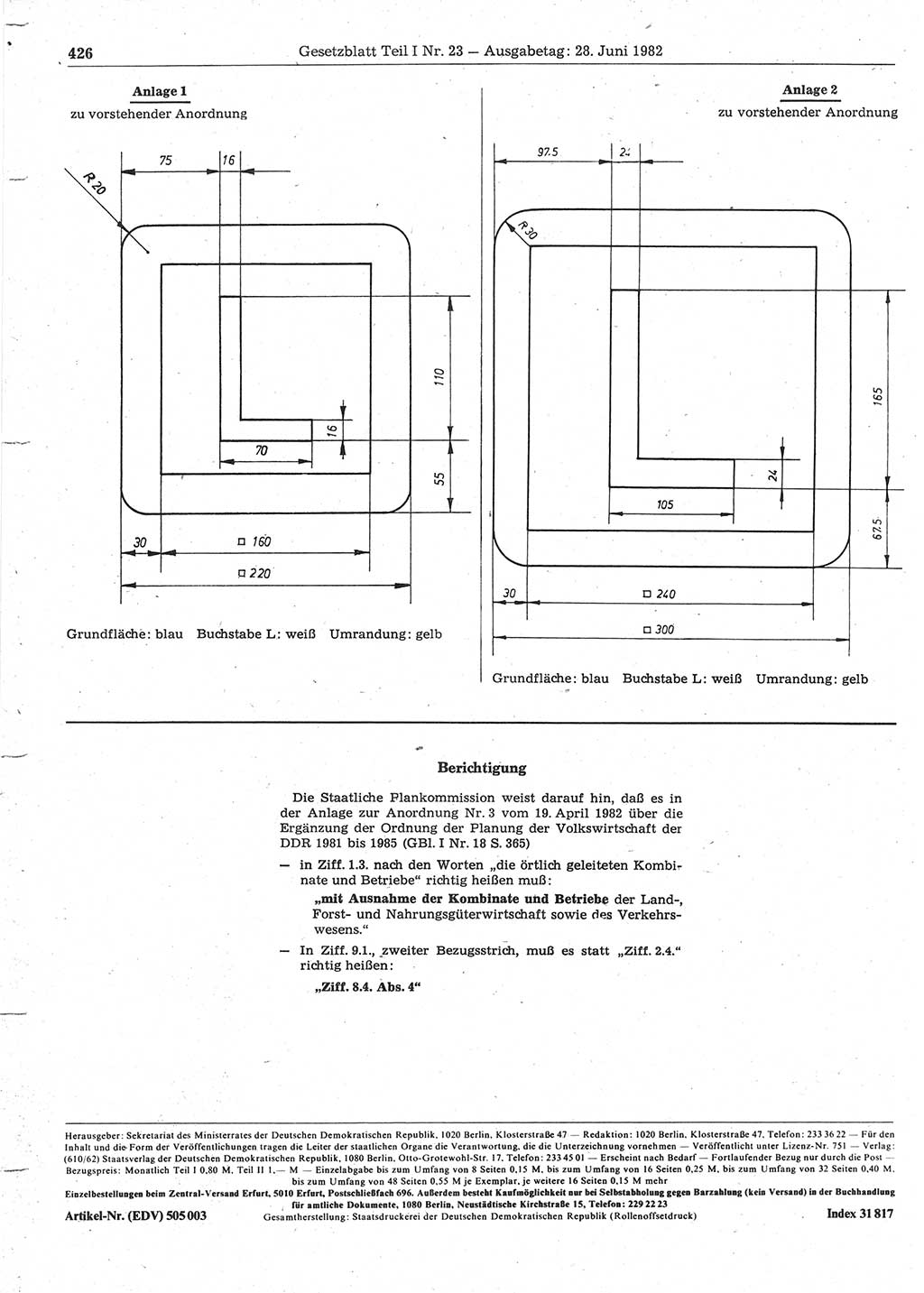 Gesetzblatt (GBl.) der Deutschen Demokratischen Republik (DDR) Teil Ⅰ 1982, Seite 426 (GBl. DDR Ⅰ 1982, S. 426)