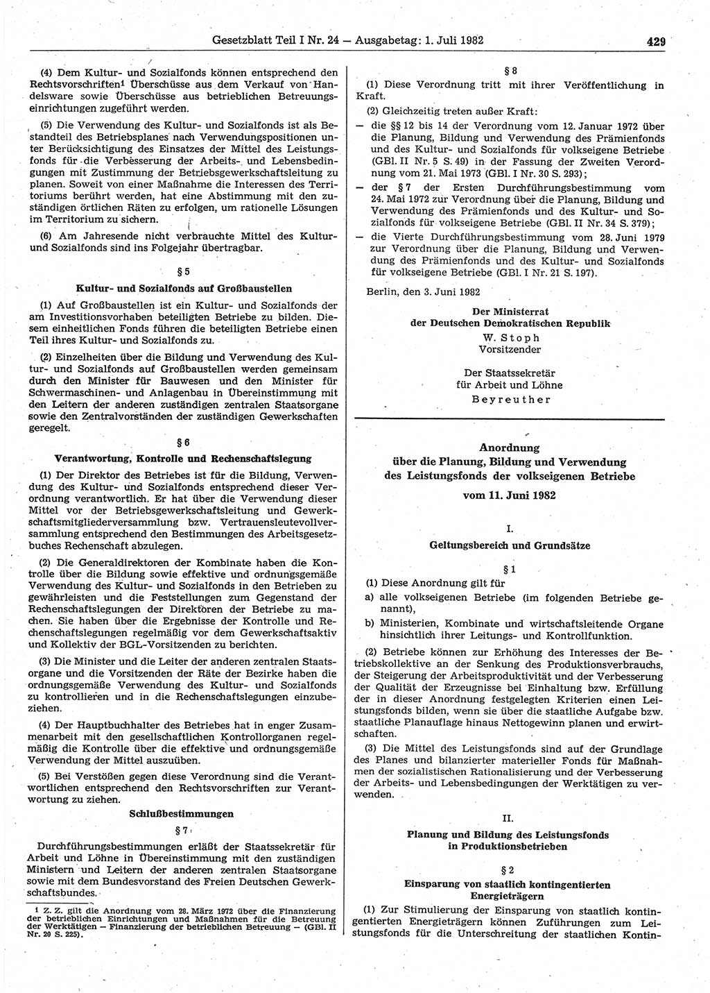 Gesetzblatt (GBl.) der Deutschen Demokratischen Republik (DDR) Teil Ⅰ 1982, Seite 429 (GBl. DDR Ⅰ 1982, S. 429)