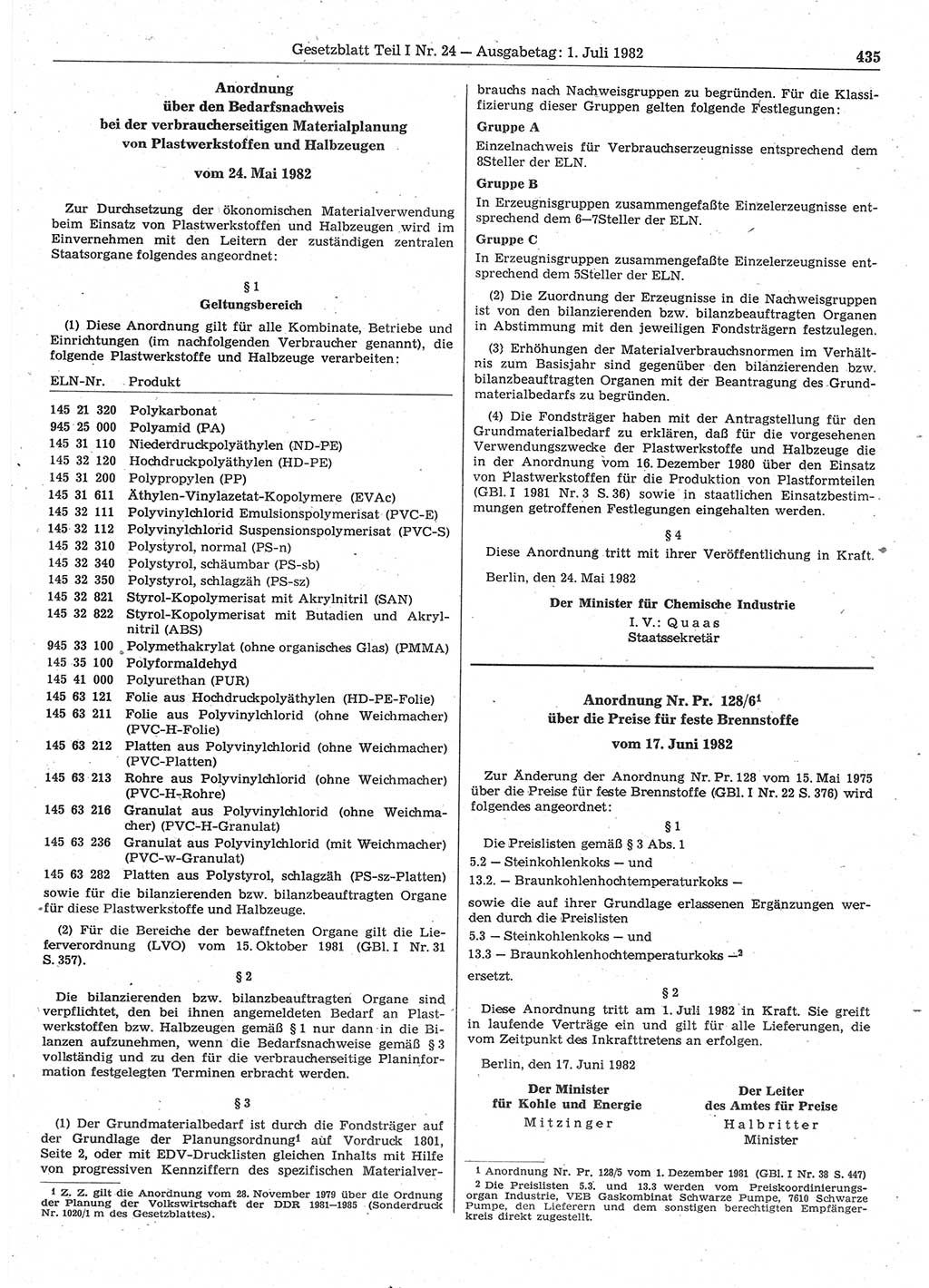 Gesetzblatt (GBl.) der Deutschen Demokratischen Republik (DDR) Teil Ⅰ 1982, Seite 435 (GBl. DDR Ⅰ 1982, S. 435)
