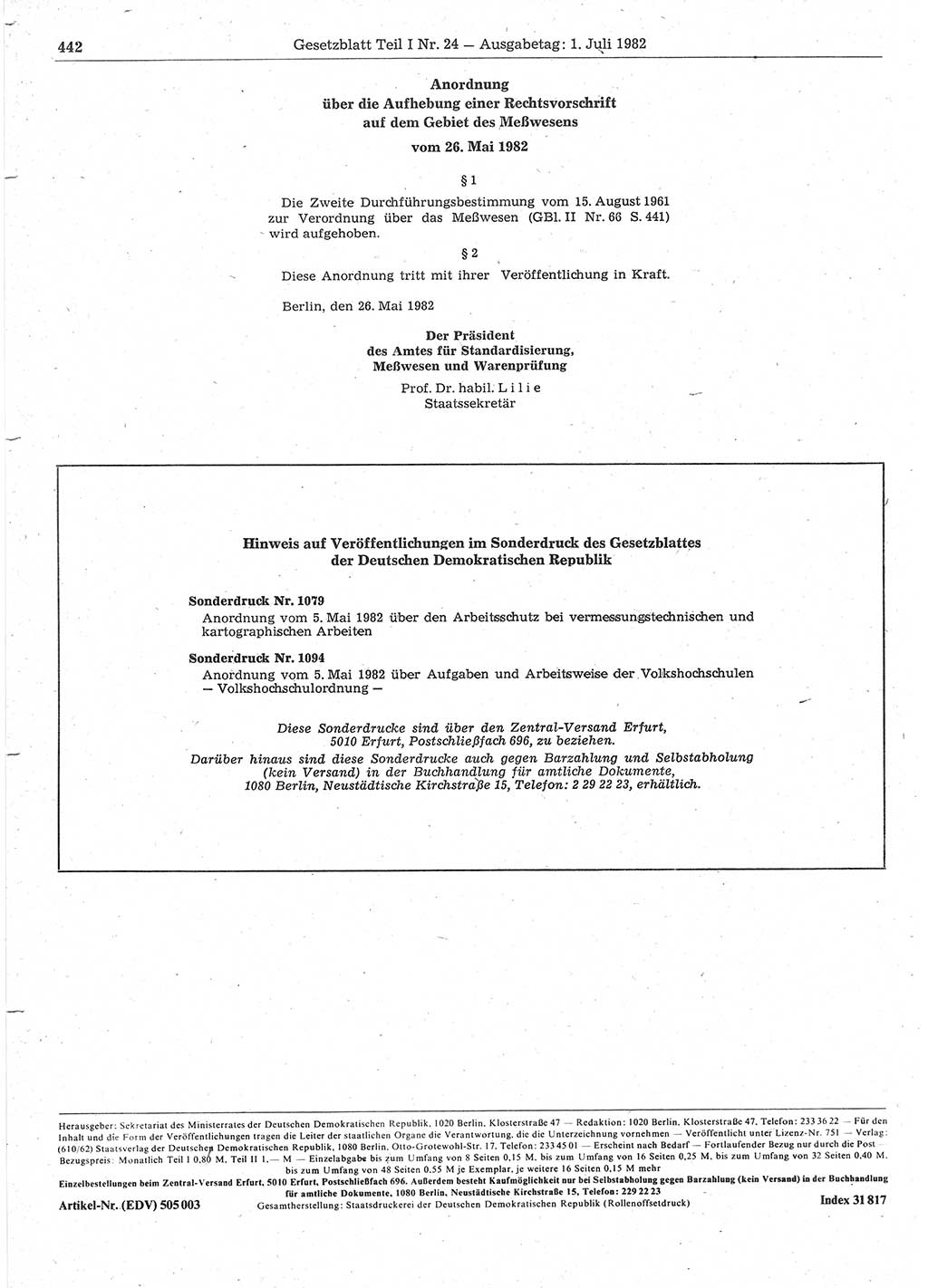 Gesetzblatt (GBl.) der Deutschen Demokratischen Republik (DDR) Teil Ⅰ 1982, Seite 442 (GBl. DDR Ⅰ 1982, S. 442)