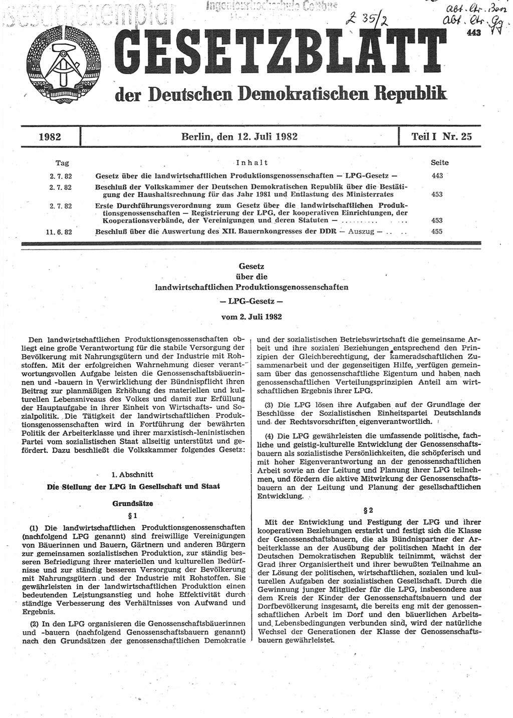 Gesetzblatt (GBl.) der Deutschen Demokratischen Republik (DDR) Teil Ⅰ 1982, Seite 443 (GBl. DDR Ⅰ 1982, S. 443)