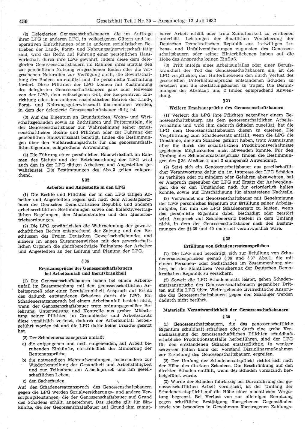 Gesetzblatt (GBl.) der Deutschen Demokratischen Republik (DDR) Teil Ⅰ 1982, Seite 450 (GBl. DDR Ⅰ 1982, S. 450)