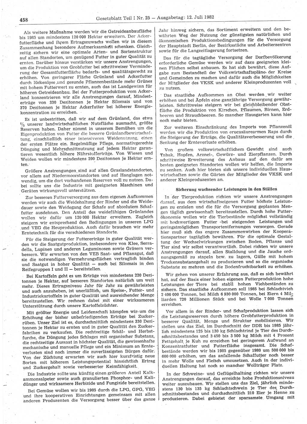 Gesetzblatt (GBl.) der Deutschen Demokratischen Republik (DDR) Teil Ⅰ 1982, Seite 458 (GBl. DDR Ⅰ 1982, S. 458)