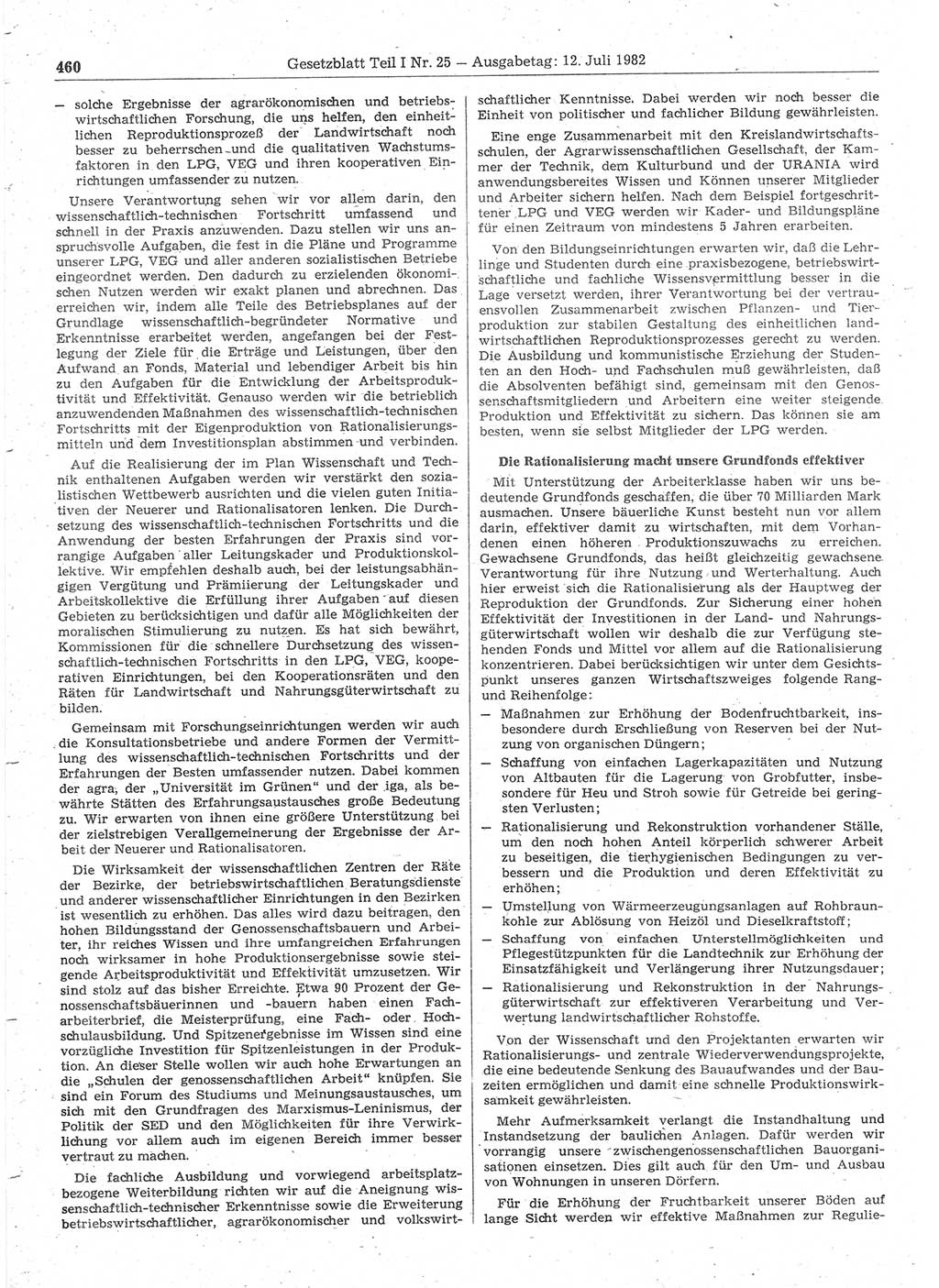 Gesetzblatt (GBl.) der Deutschen Demokratischen Republik (DDR) Teil Ⅰ 1982, Seite 460 (GBl. DDR Ⅰ 1982, S. 460)