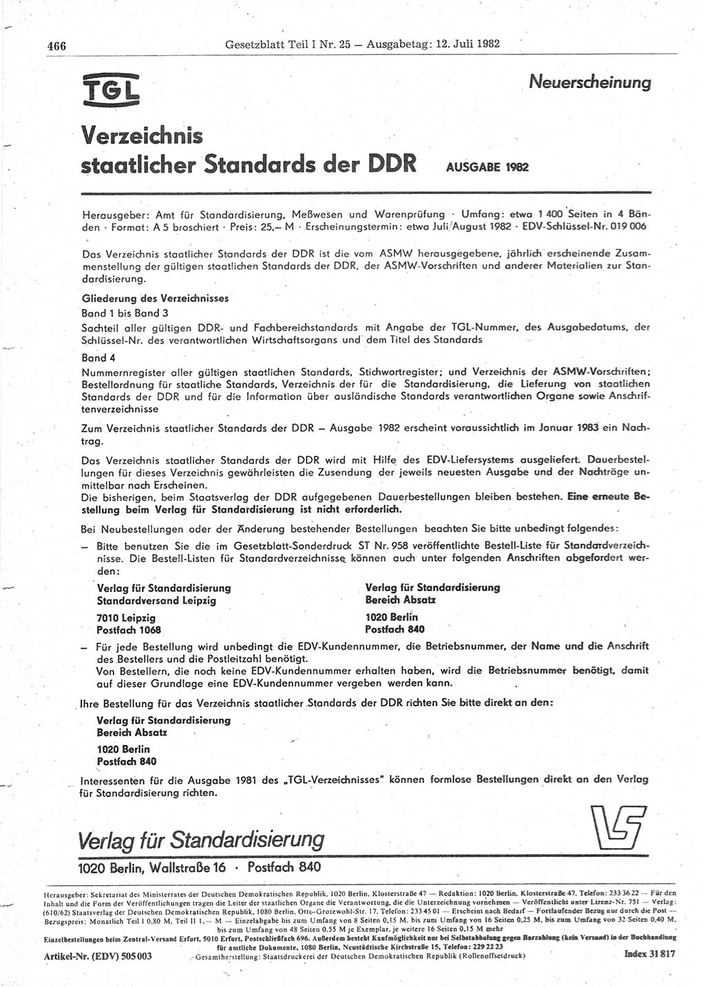 Gesetzblatt (GBl.) der Deutschen Demokratischen Republik (DDR) Teil Ⅰ 1982, Seite 466 (GBl. DDR Ⅰ 1982, S. 466)