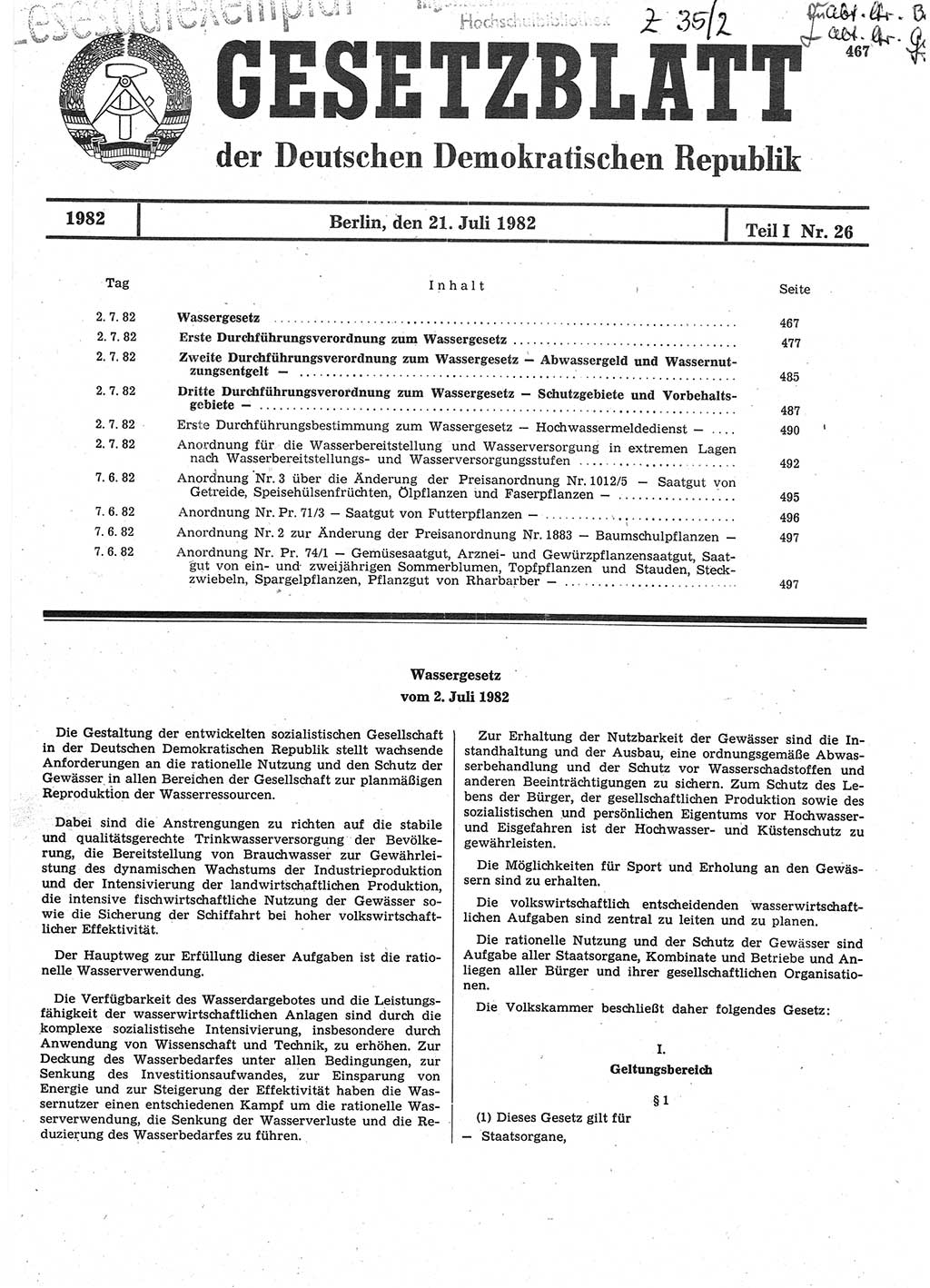 Gesetzblatt (GBl.) der Deutschen Demokratischen Republik (DDR) Teil Ⅰ 1982, Seite 467 (GBl. DDR Ⅰ 1982, S. 467)