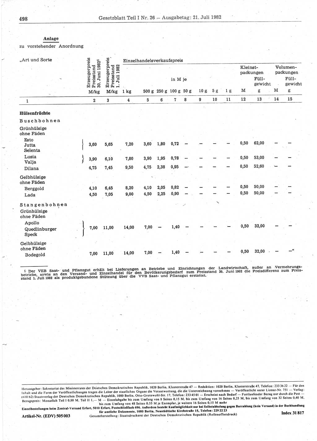 Gesetzblatt (GBl.) der Deutschen Demokratischen Republik (DDR) Teil Ⅰ 1982, Seite 498 (GBl. DDR Ⅰ 1982, S. 498)