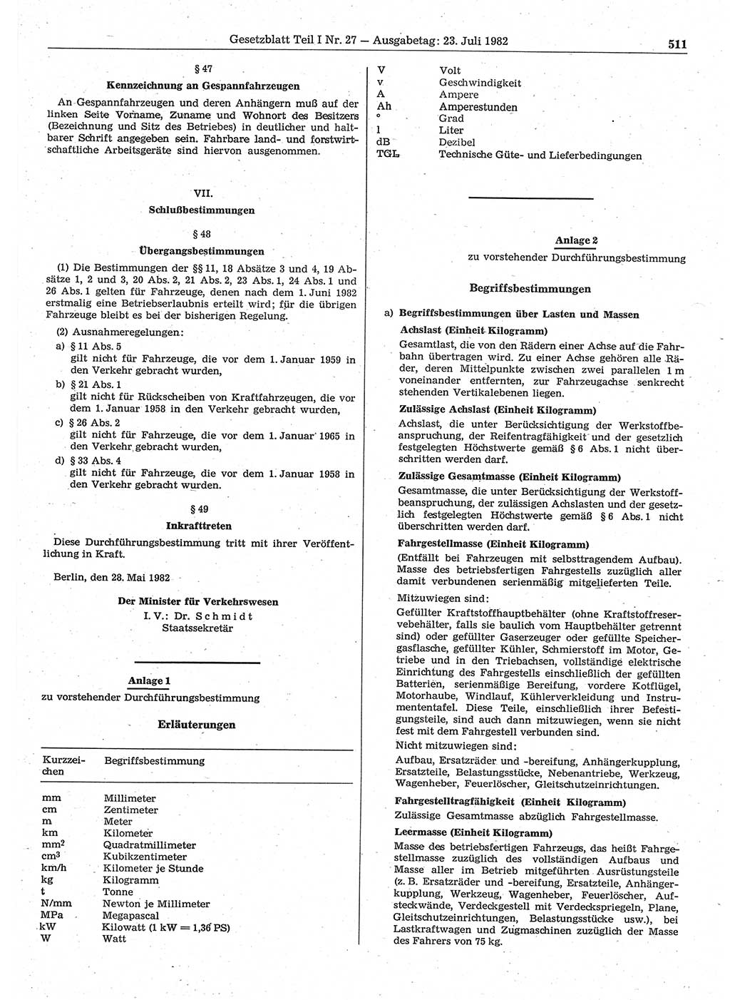 Gesetzblatt (GBl.) der Deutschen Demokratischen Republik (DDR) Teil Ⅰ 1982, Seite 511 (GBl. DDR Ⅰ 1982, S. 511)