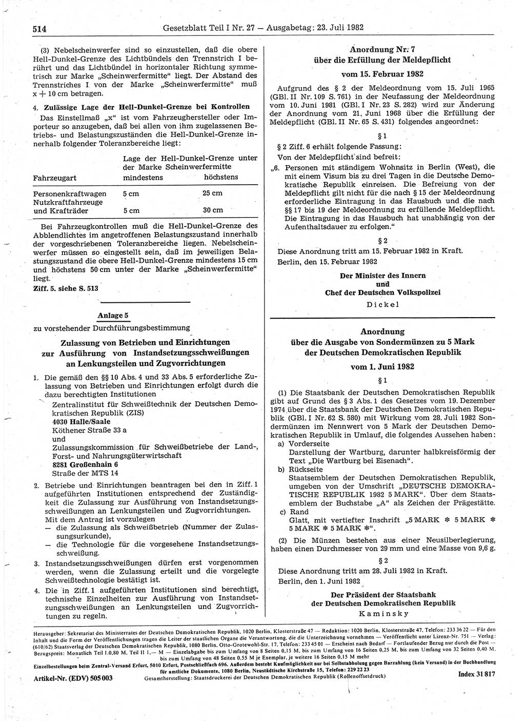 Gesetzblatt (GBl.) der Deutschen Demokratischen Republik (DDR) Teil Ⅰ 1982, Seite 514 (GBl. DDR Ⅰ 1982, S. 514)