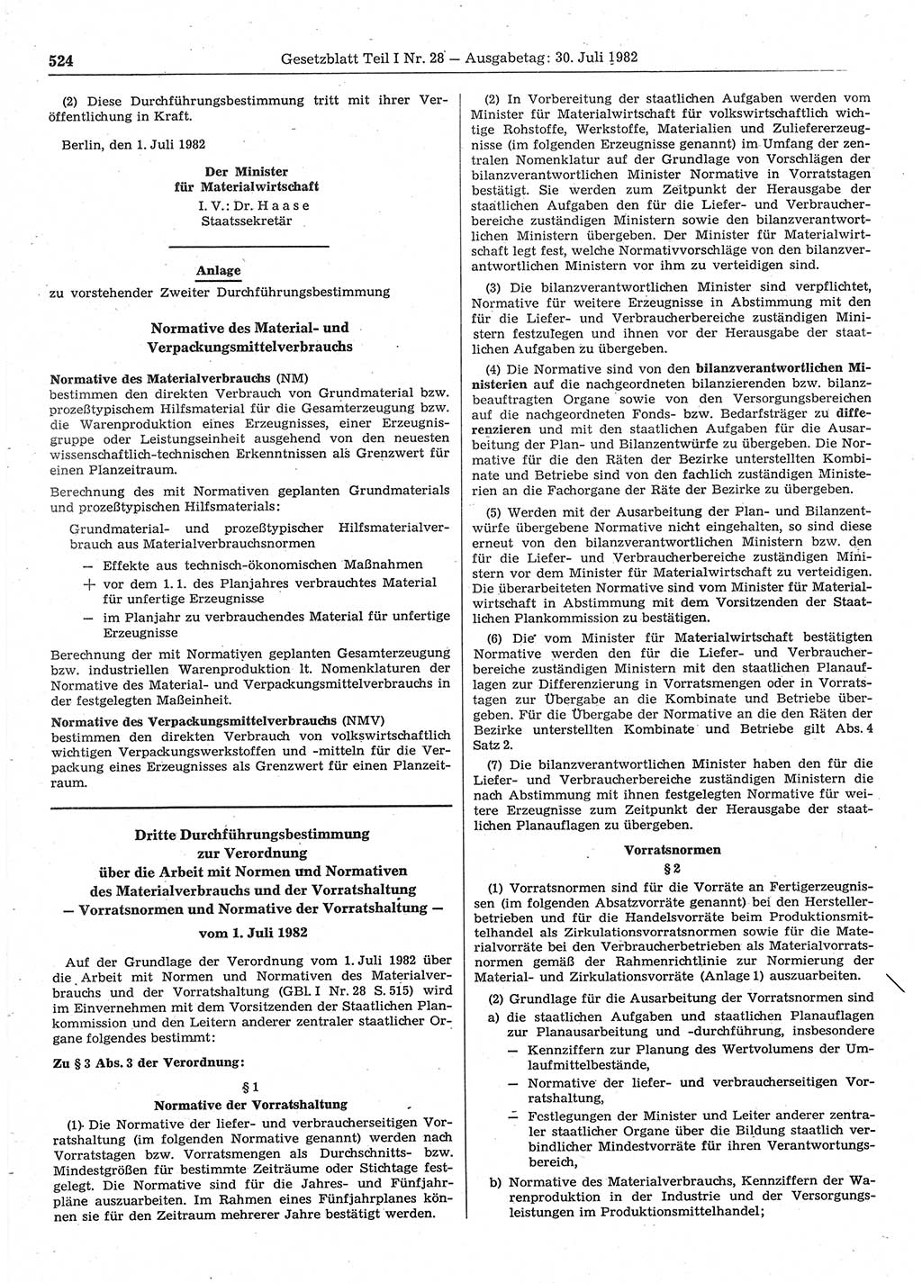 Gesetzblatt (GBl.) der Deutschen Demokratischen Republik (DDR) Teil Ⅰ 1982, Seite 524 (GBl. DDR Ⅰ 1982, S. 524)