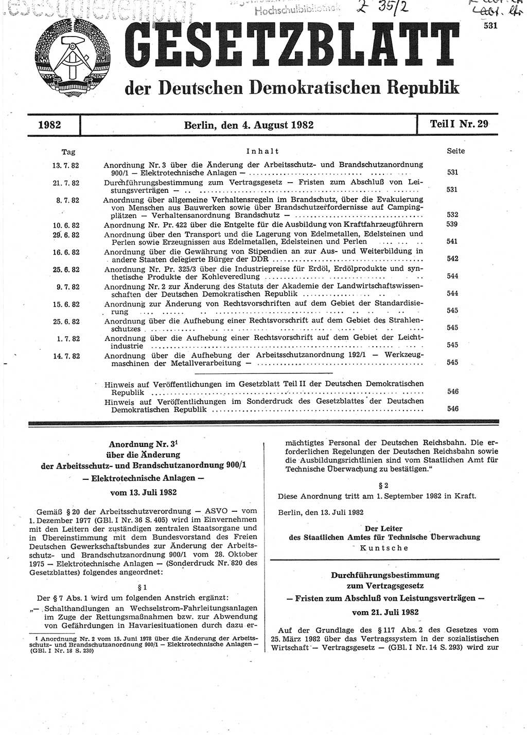 Gesetzblatt (GBl.) der Deutschen Demokratischen Republik (DDR) Teil Ⅰ 1982, Seite 531 (GBl. DDR Ⅰ 1982, S. 531)