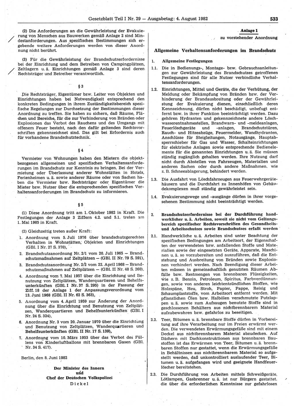 Gesetzblatt (GBl.) der Deutschen Demokratischen Republik (DDR) Teil Ⅰ 1982, Seite 533 (GBl. DDR Ⅰ 1982, S. 533)