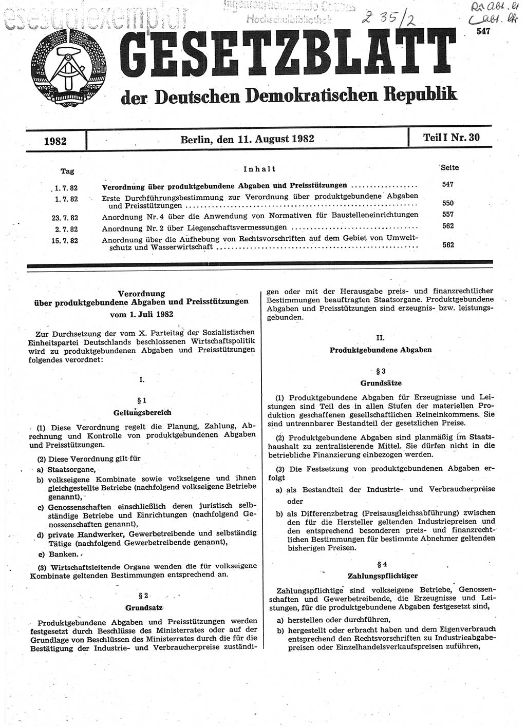 Gesetzblatt (GBl.) der Deutschen Demokratischen Republik (DDR) Teil Ⅰ 1982, Seite 547 (GBl. DDR Ⅰ 1982, S. 547)