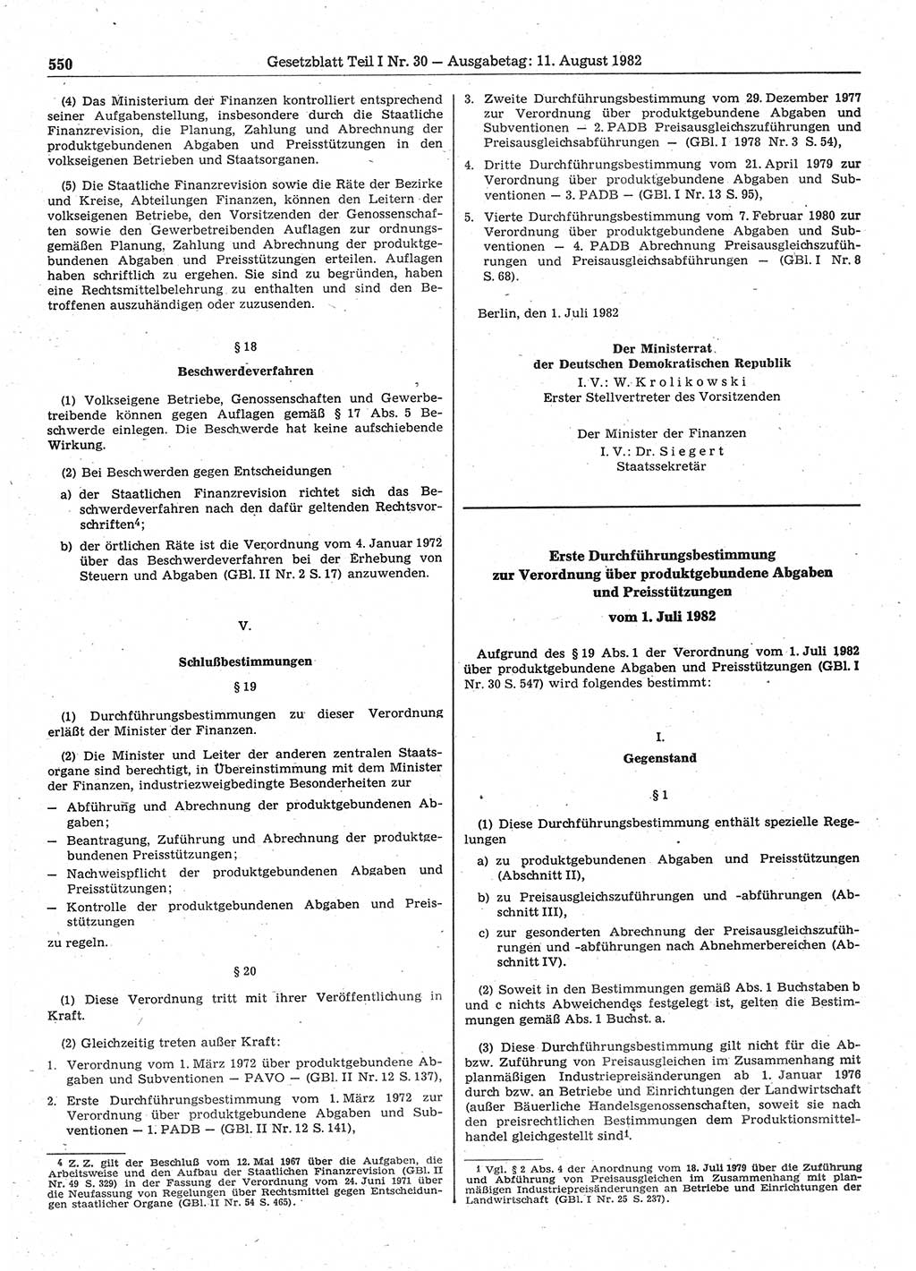 Gesetzblatt (GBl.) der Deutschen Demokratischen Republik (DDR) Teil Ⅰ 1982, Seite 550 (GBl. DDR Ⅰ 1982, S. 550)