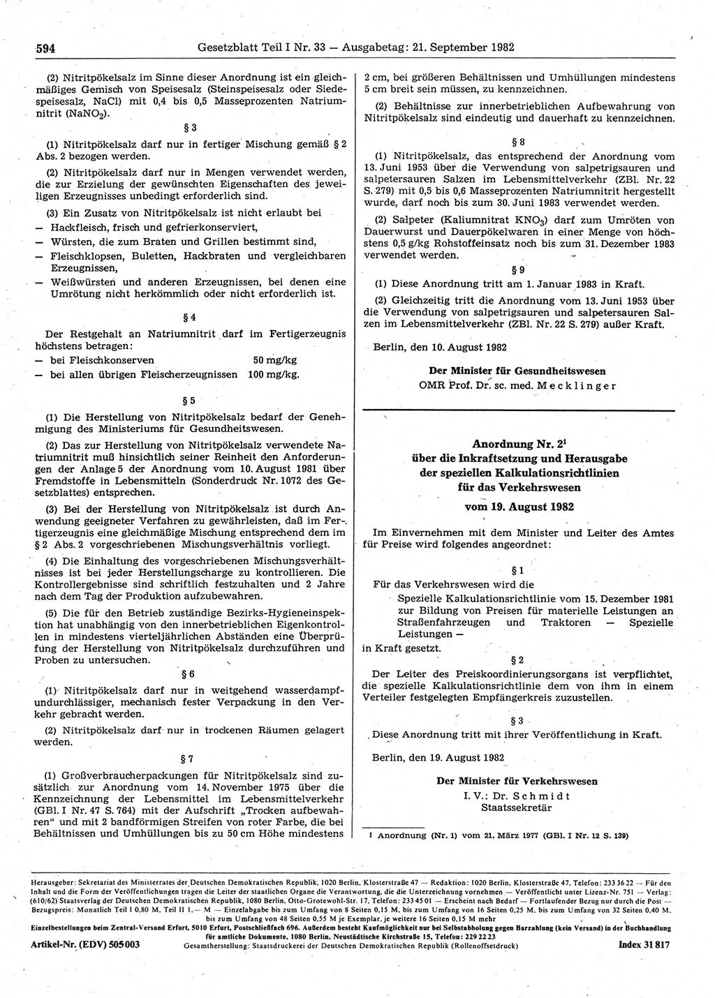 Gesetzblatt (GBl.) der Deutschen Demokratischen Republik (DDR) Teil Ⅰ 1982, Seite 594 (GBl. DDR Ⅰ 1982, S. 594)