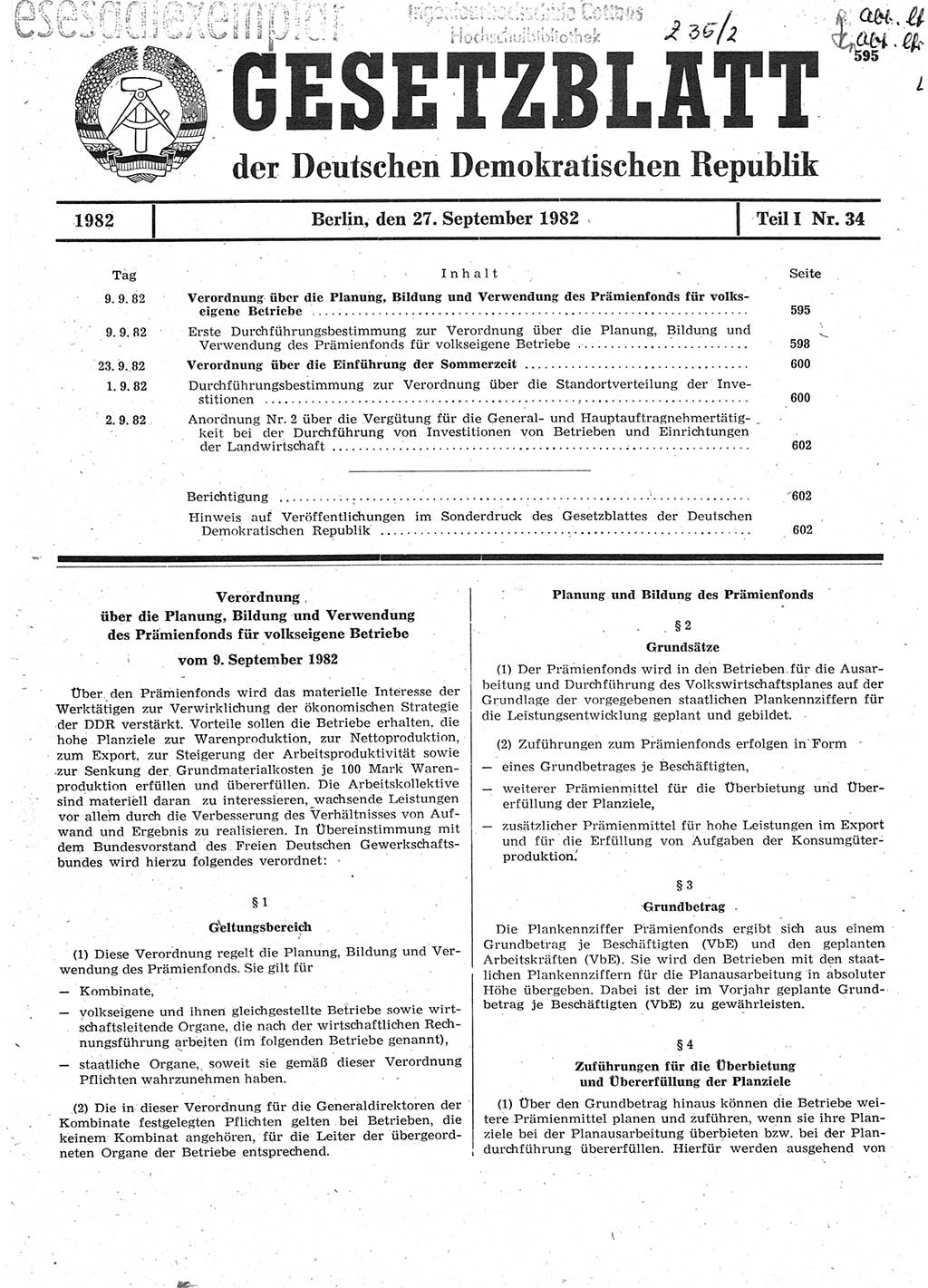 Gesetzblatt (GBl.) der Deutschen Demokratischen Republik (DDR) Teil Ⅰ 1982, Seite 595 (GBl. DDR Ⅰ 1982, S. 595)