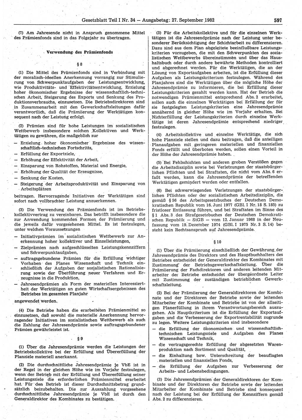 Gesetzblatt (GBl.) der Deutschen Demokratischen Republik (DDR) Teil Ⅰ 1982, Seite 597 (GBl. DDR Ⅰ 1982, S. 597)