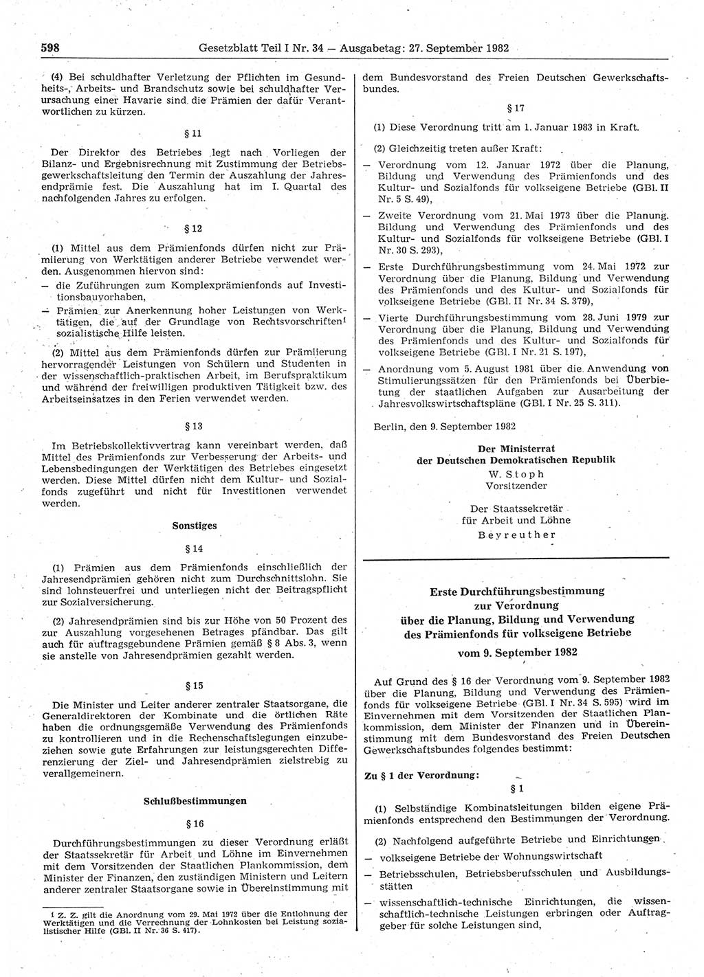 Gesetzblatt (GBl.) der Deutschen Demokratischen Republik (DDR) Teil Ⅰ 1982, Seite 598 (GBl. DDR Ⅰ 1982, S. 598)