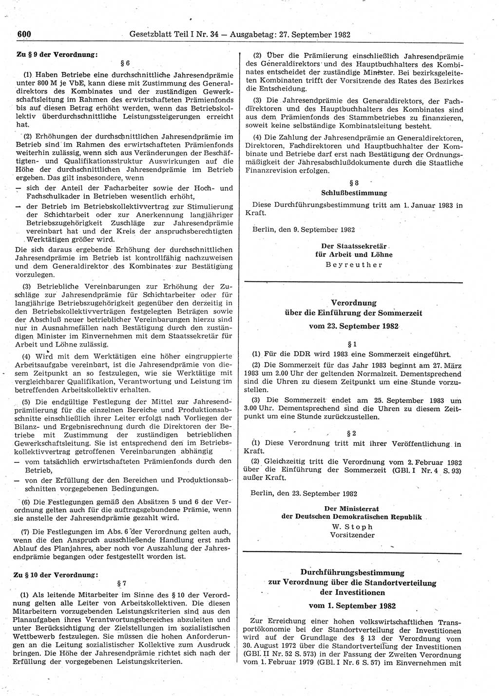 Gesetzblatt (GBl.) der Deutschen Demokratischen Republik (DDR) Teil Ⅰ 1982, Seite 600 (GBl. DDR Ⅰ 1982, S. 600)