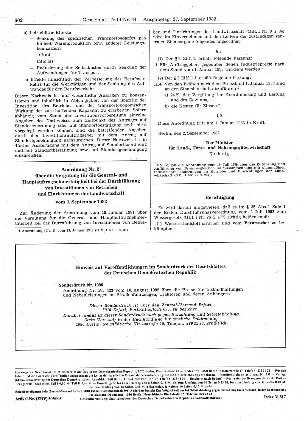 Gesetzblatt (GBl.) der Deutschen Demokratischen Republik (DDR) Teil Ⅰ 1982, Seite 602 (GBl. DDR Ⅰ 1982, S. 602)