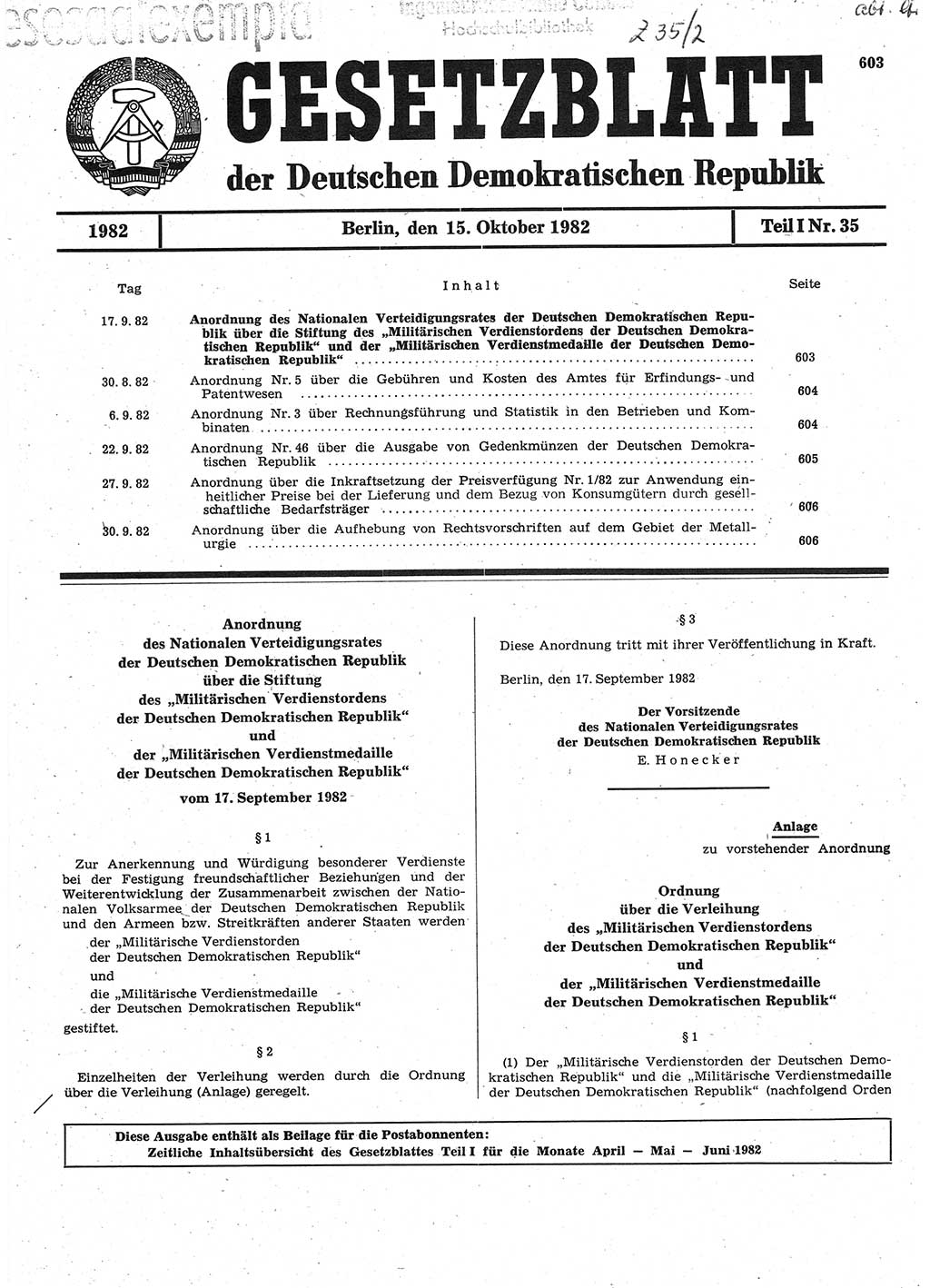 Gesetzblatt (GBl.) der Deutschen Demokratischen Republik (DDR) Teil Ⅰ 1982, Seite 603 (GBl. DDR Ⅰ 1982, S. 603)