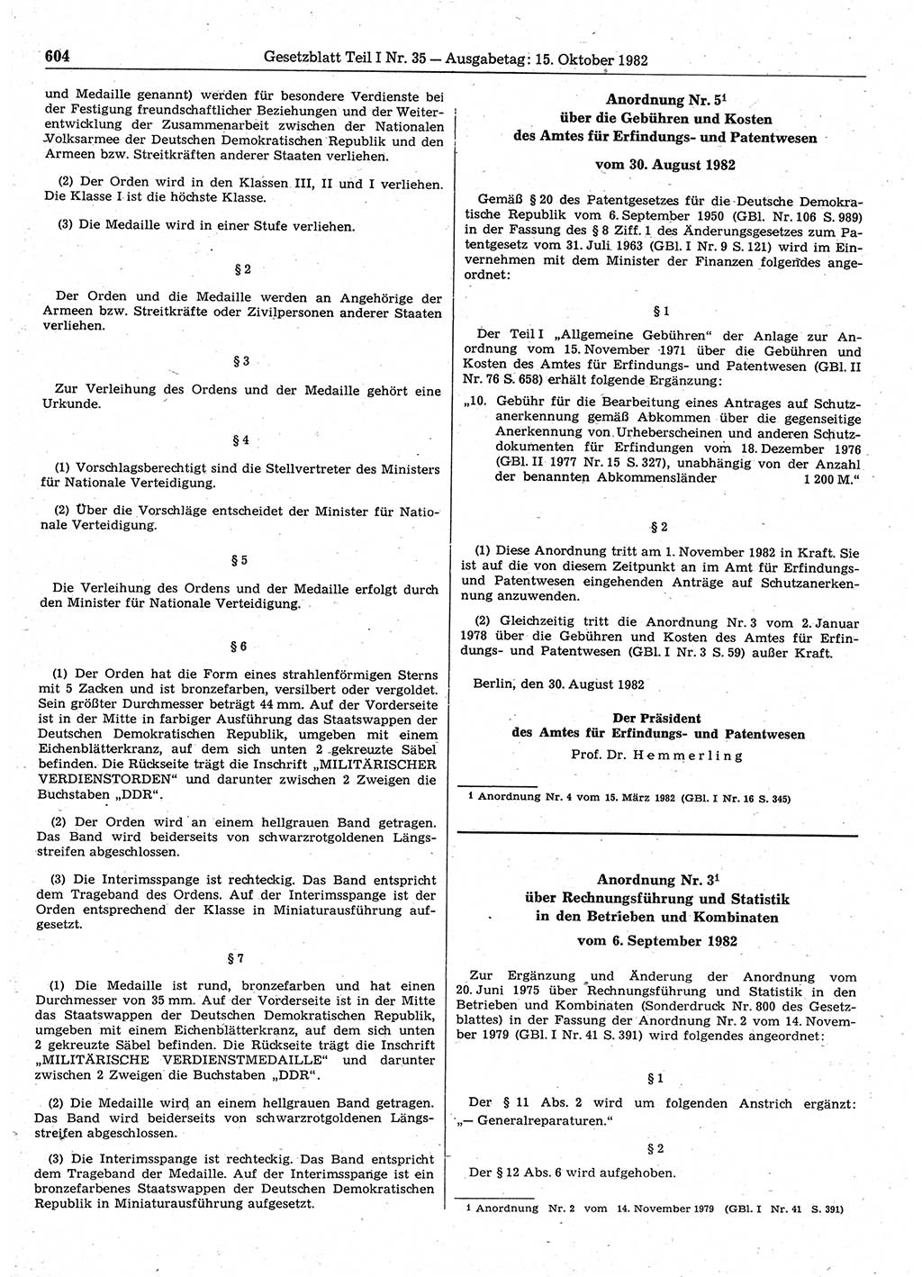 Gesetzblatt (GBl.) der Deutschen Demokratischen Republik (DDR) Teil Ⅰ 1982, Seite 604 (GBl. DDR Ⅰ 1982, S. 604)
