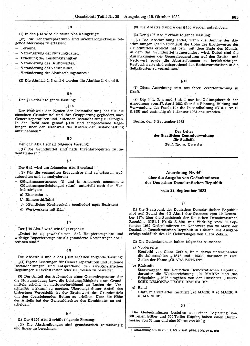 Gesetzblatt (GBl.) der Deutschen Demokratischen Republik (DDR) Teil Ⅰ 1982, Seite 605 (GBl. DDR Ⅰ 1982, S. 605)