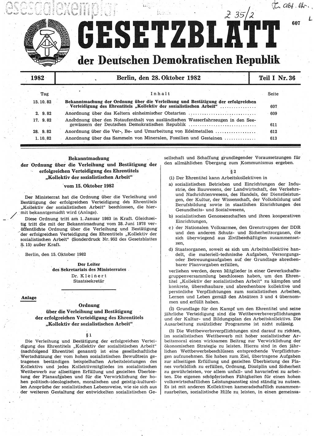 Gesetzblatt (GBl.) der Deutschen Demokratischen Republik (DDR) Teil Ⅰ 1982, Seite 607 (GBl. DDR Ⅰ 1982, S. 607)