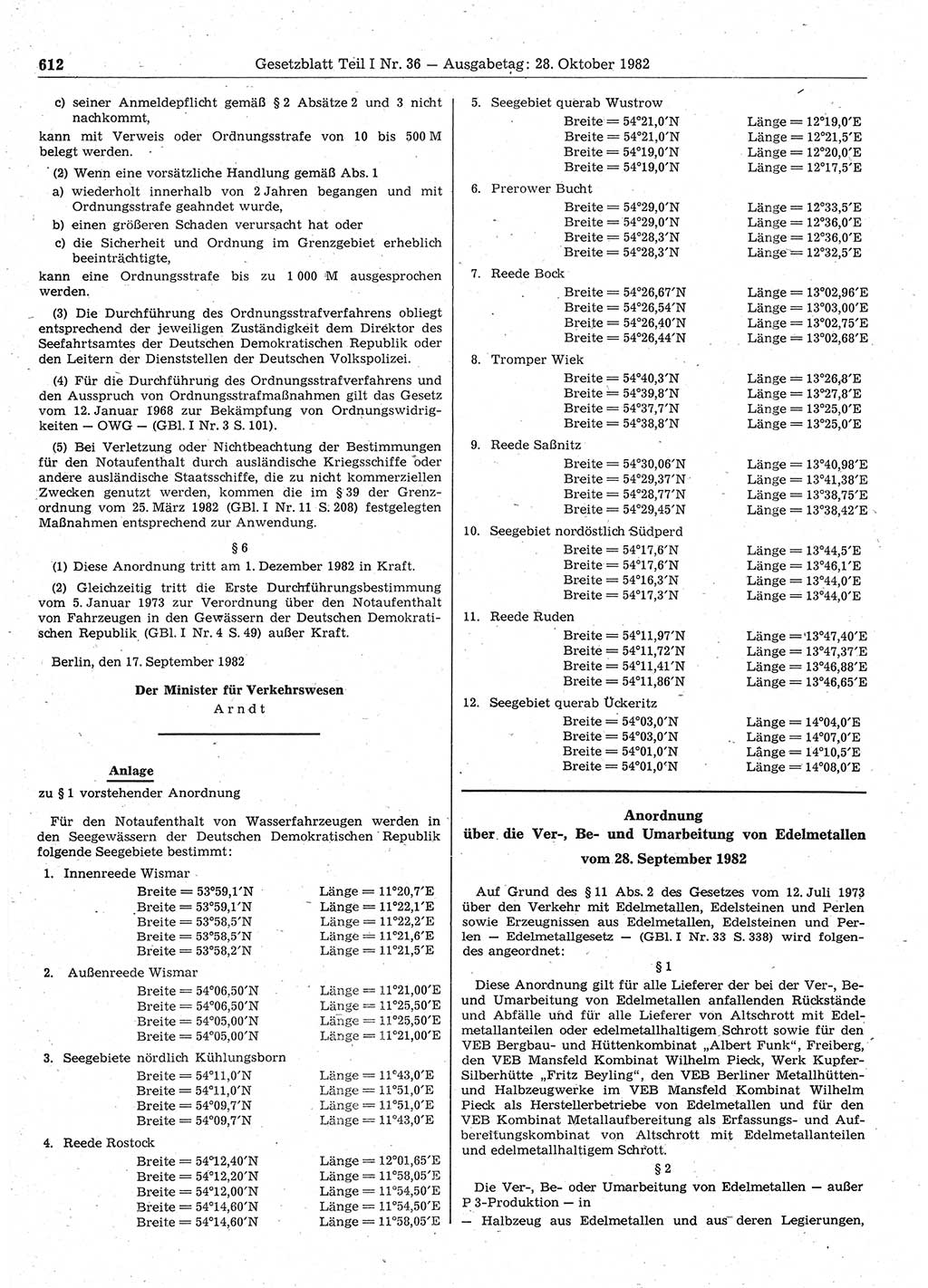 Gesetzblatt (GBl.) der Deutschen Demokratischen Republik (DDR) Teil Ⅰ 1982, Seite 612 (GBl. DDR Ⅰ 1982, S. 612)