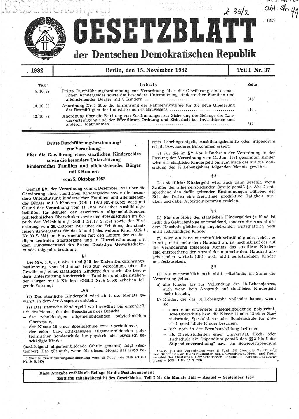 Gesetzblatt (GBl.) der Deutschen Demokratischen Republik (DDR) Teil Ⅰ 1982, Seite 615 (GBl. DDR Ⅰ 1982, S. 615)